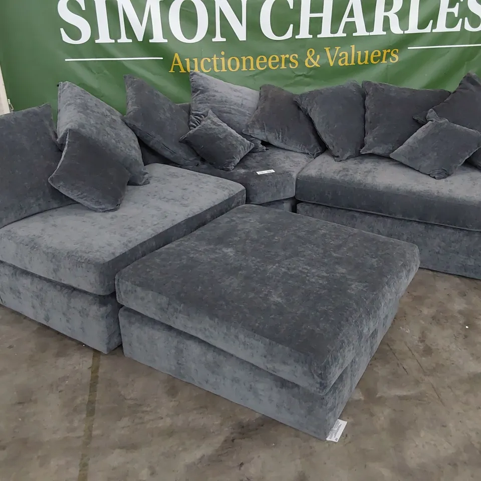 DESIGNER ARMLESS CORNER UNIT WITH SCATTERCUSHIONS & LARGE FOOTSTOOL GREY FABRIC 