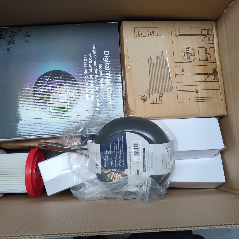 APPROXIMATELY 15 ASSORTED HOUSEHOLD PRODUCTS TO INCLUDE DIGITAL WALL CLOCK, STELLAR ELEMENT PAN, BACK SUPPORT BRACE, ETC - COLLECTION ONLY
