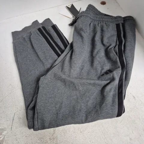 ADIDAS TRACK PANTS – GREY WITH BLACK SIDE STRIPES, UK SIZE LARGE
