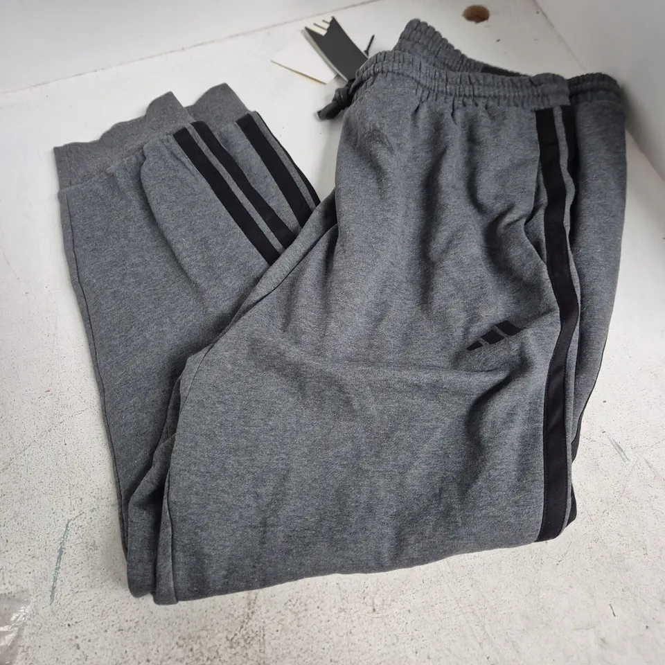 ADIDAS TRACK PANTS – GREY WITH BLACK SIDE STRIPES, UK SIZE LARGE