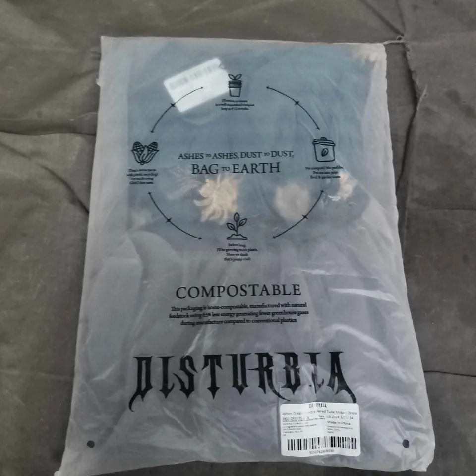 BAGED DISTURNBIA WHIM DRAGON EMBROIDED TULLE MIDAXI DRESS IN BLACK - UK 6