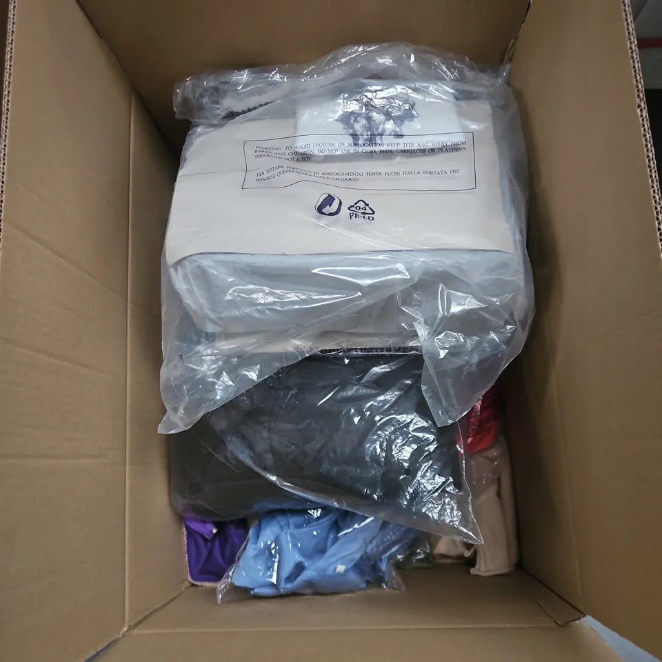 BOX OF APPROXIMATELY 25 ASSORTED CLOTHING ITEMS TO INCLUDE WHITE/BLUE STRIPE PRIMARK TOP, XMAS TROUSERS, BLACK JEANS, BLUE TROUSERS ETC