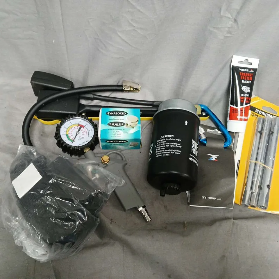 APPROXIMATELY 12 ASSORTED VEHICLE PARTS & ACCESSORIES TO INCLUDE OIL FILTER, EXHAUST SYSTEM SEALANT, SYNCHRONOUS MOTOR, ETC
