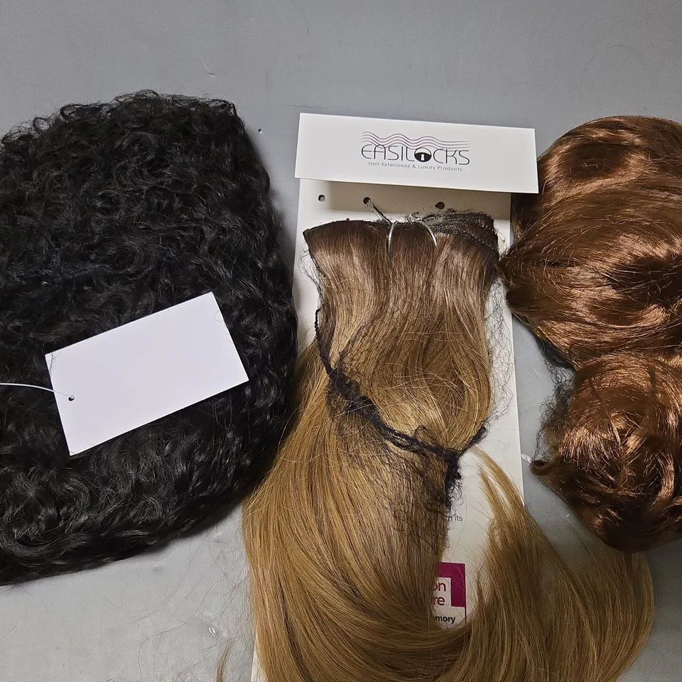 BOX OF APPROXMATELY 6 ASSORTED FAKE HAIR ITEMS IN VARIOUS COLOURS & SIZES 