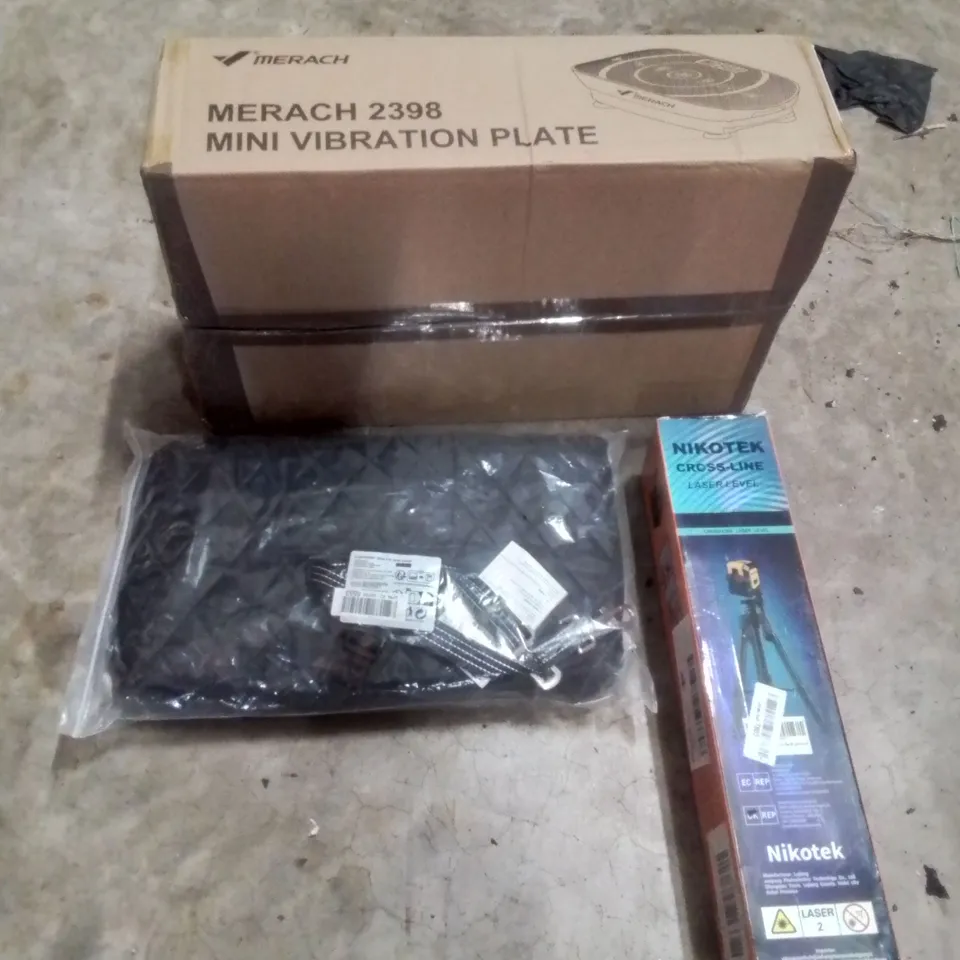 PALLET OF ASSORTED HOUSEHOLD GOODS AND PRODUCTS TO INCLUDE;MINI VIBRATION PLATE,DOG CAR SEAT COVER,CROSS LINE LASER LEVEL,CLOTHES DRYER AND OTHER ASSORTED ITEMS...