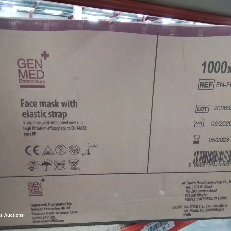 TWO CASES EACH CONTAINING 1000 FACE MASKS WITH ELASTIC STRAPS & INTEGRATED NOSE CLIP 3 PLY TYPE IIR