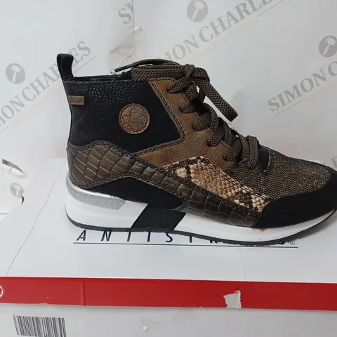 BOXED RIEKER BLACK SNAKE HIGH TOP TRAINERS, BLACK - SIZE 5