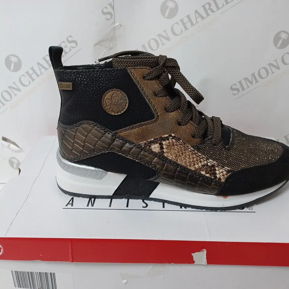 BOXED RIEKER BLACK SNAKE HIGH TOP TRAINERS, BLACK - SIZE 5