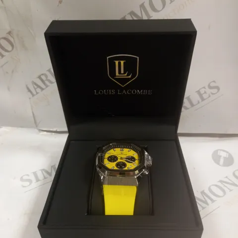 MENS LOUIS LACOMBE CHRONGRAPH WATCH β 3 SUB DIALS β SILVER COLOUR CASE β YELLOW RUBBER STRAP