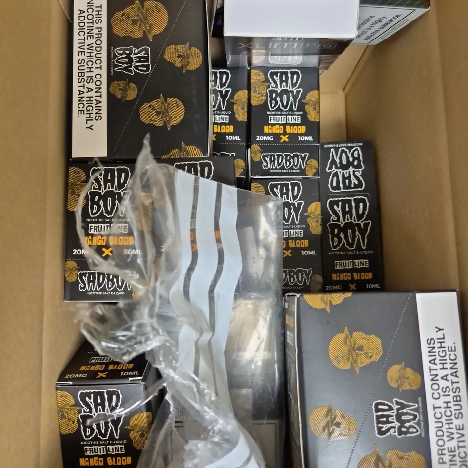APPROXIMATELY 12 ASSORTED E-CIGARETTE PRODUCTS TO INCLUDE SAD BOY E-LIQUID & XLIM PRO POD