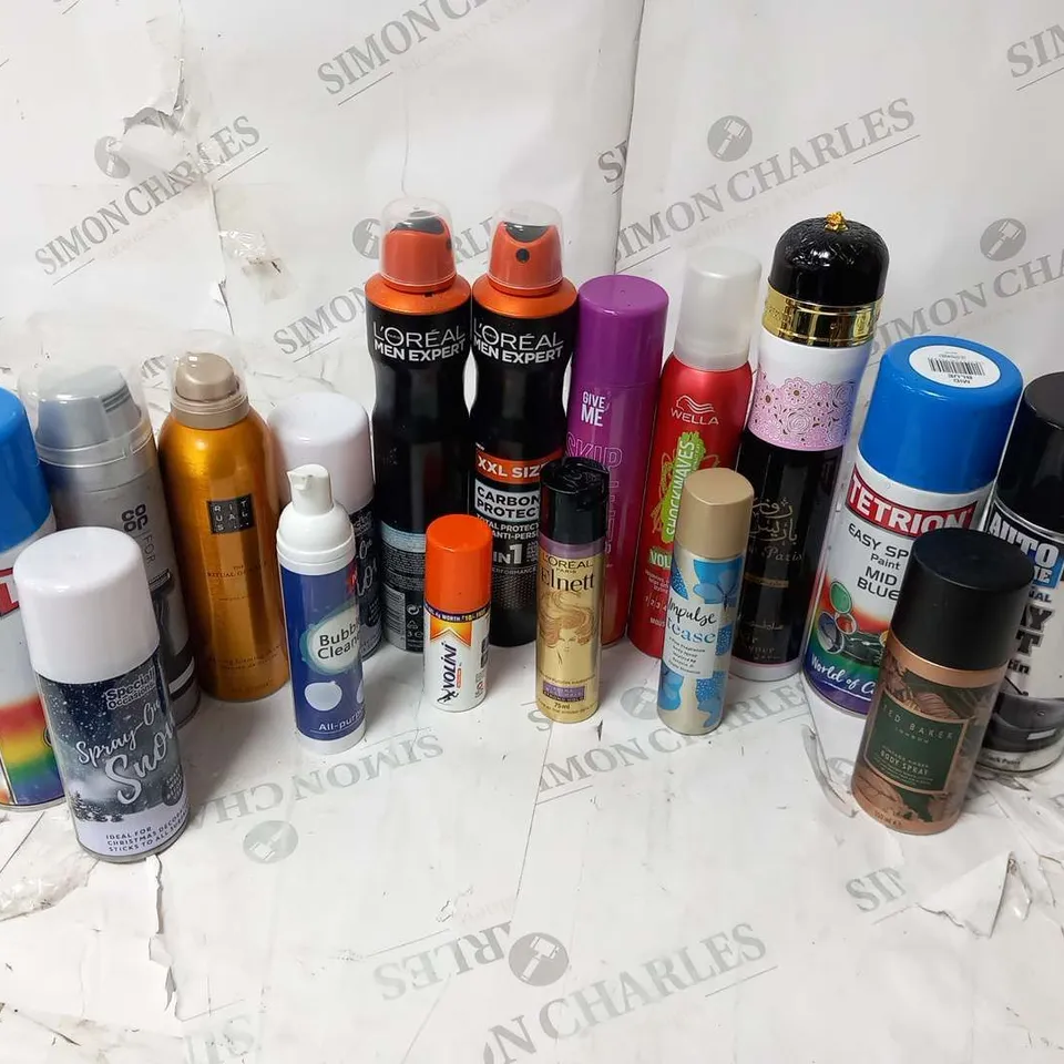 APPROXIMATELY 25 ASSORTED AEROSOL SPRAYS TO INCLUDE; L'OREAL, COOP, TED BAKER, RITUALS, TETRION, WELLA AND AUTO EXTREME
