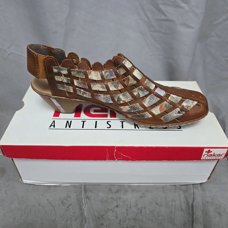 RIEKER WOMEN'S BROWN LEATHER SANDAL WITH SILVER CUT-OUT STRAPS SIZE EU  39