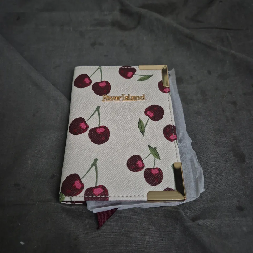 RIVER ISLAND CHERRY PRINT WALLET – WHITE FAUX LEATHER WITH GOLD CORNERS