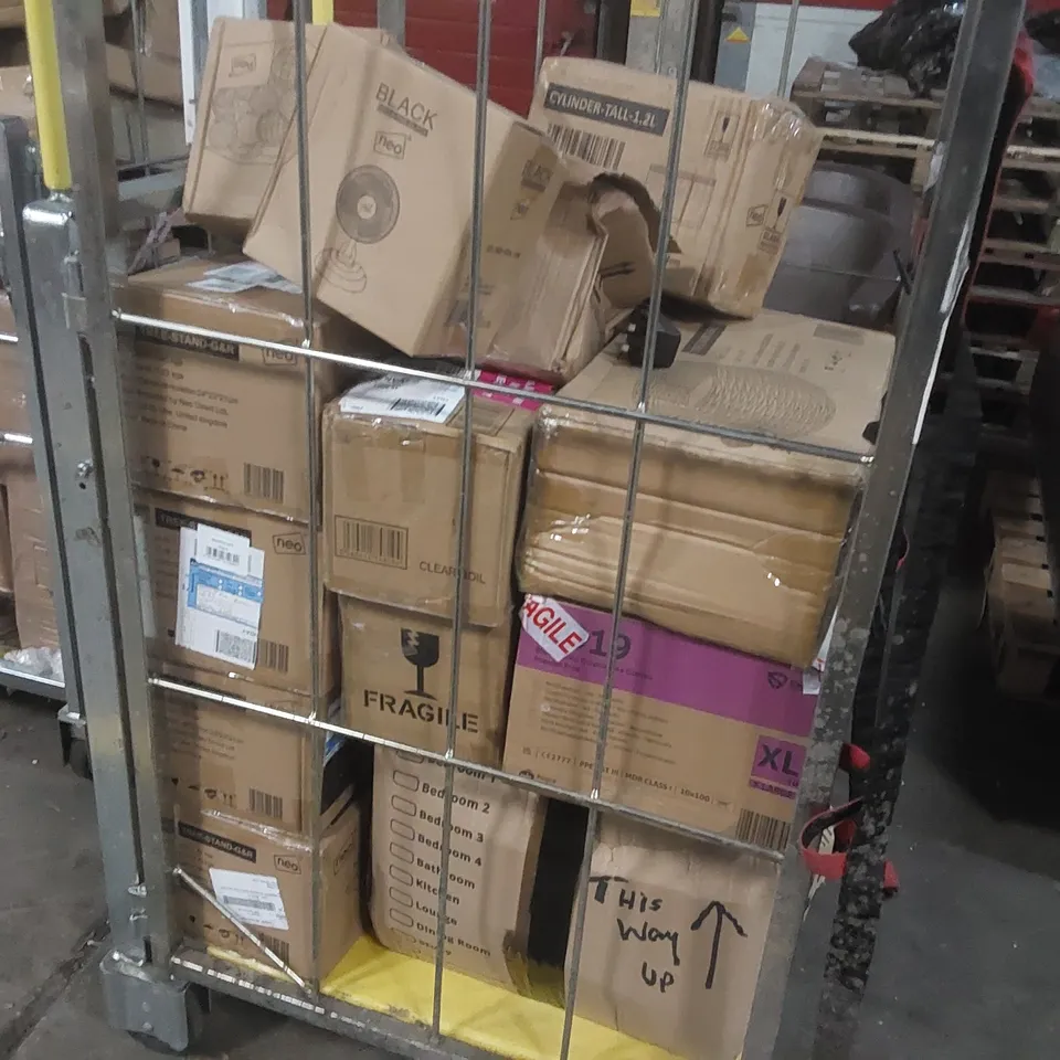 CAGE CONTAINING A LARGE QUANTITY OF ASSORTED NEO ITEMS INCLUDING: FAN,  STORAGE CONTAINER SET, EGG COOKERS, CHRISTMAS TREE DECORATIONS ECT // CAGE NOT INCLUDED