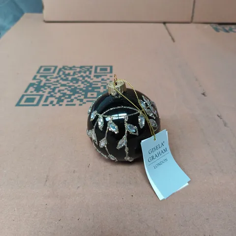 GISELLA GRAHAM CHRISTMAS BAUBLE – BLACK WITH CRYSTAL LEAF DESIGN - BOX OF 12
