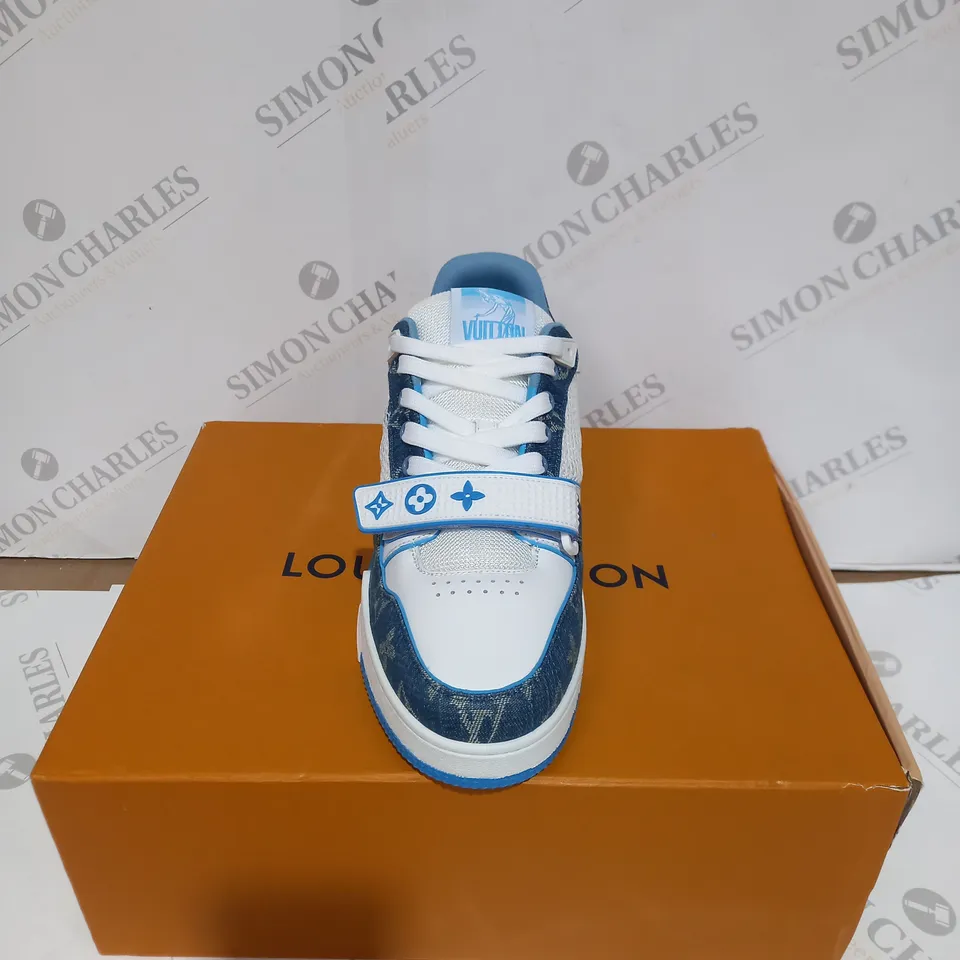 BOXED PAIR OF LOUIS VUITTON VELCRO STRAP SNEAKERS - WHITE/BLUE, SIZE 7