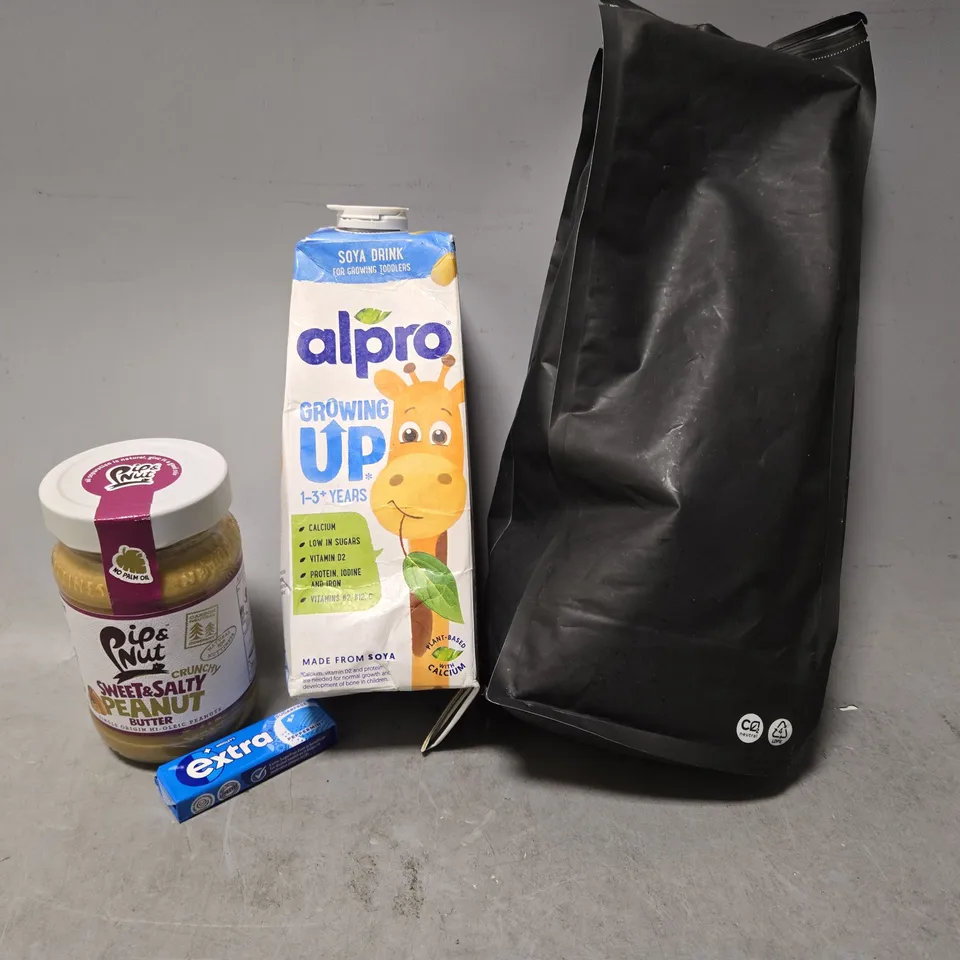 TOTE OF APPROXIMATELY 9 ASSORTED FOOD ITEMS TO INCLUDE - ALPRO GROWING UP , EXTRA CHEWING GUM , DIP & NUT PEANUT ETC