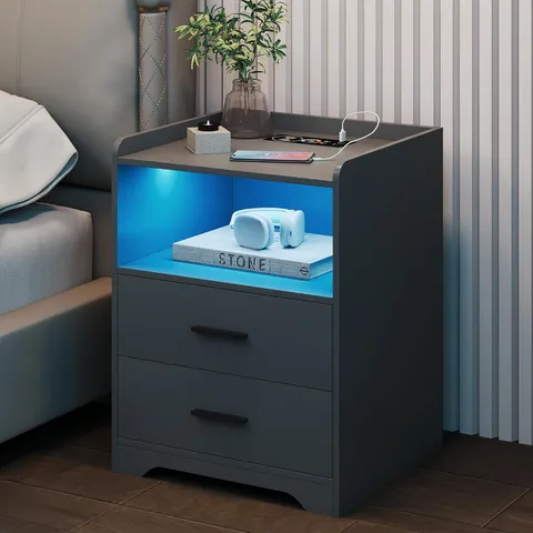 BOXED LVSOMT GREY BEDSIDE TABLE WITH WIRELESS CHARGING STATION, LED BEDSIDE CABINET WITH 2 DRAWERS