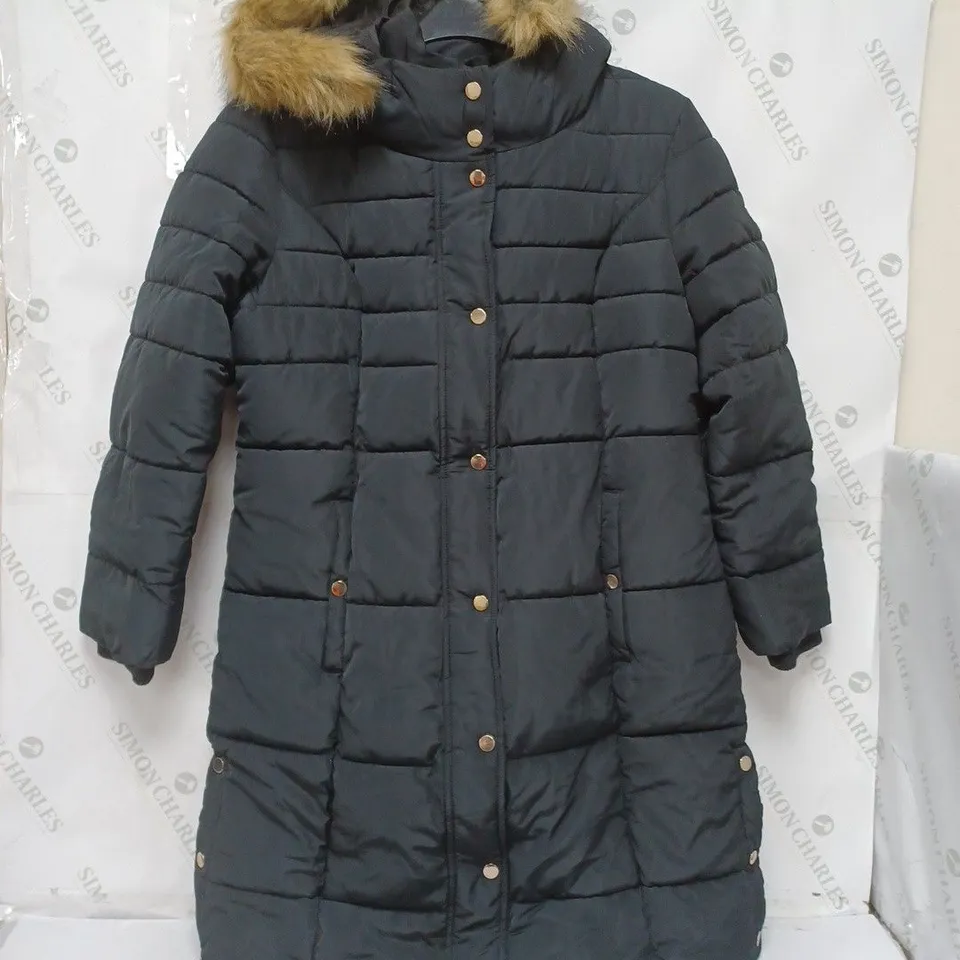 CENTIGRADE FAUX DOWN LONG LINE COAT WITH FAUX FUR TRIM HOOD - CHARCOAL - SMALL
