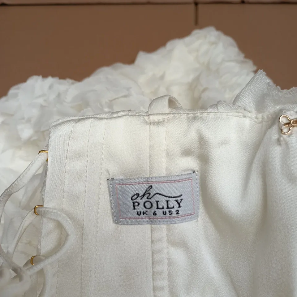 OH POLLY WHITE SATIN DRESS WITH RUFFLE DETAIL UK 6 (US 2)