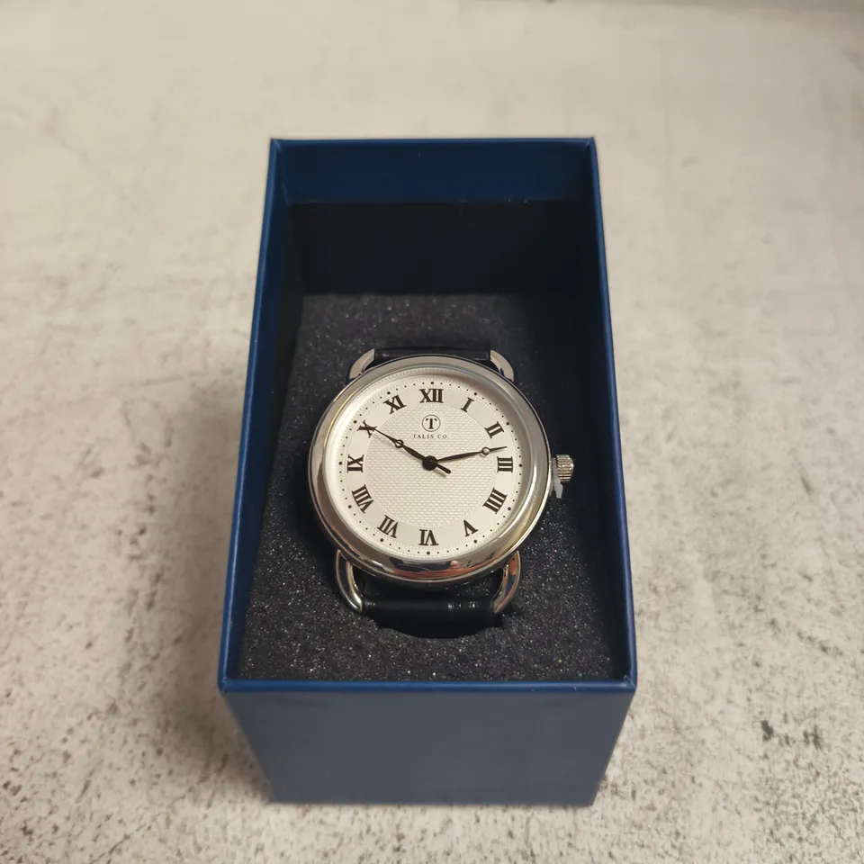 TALIS CO. ROUND WRISTWATCH WITH BLACK LEATHER STRAP