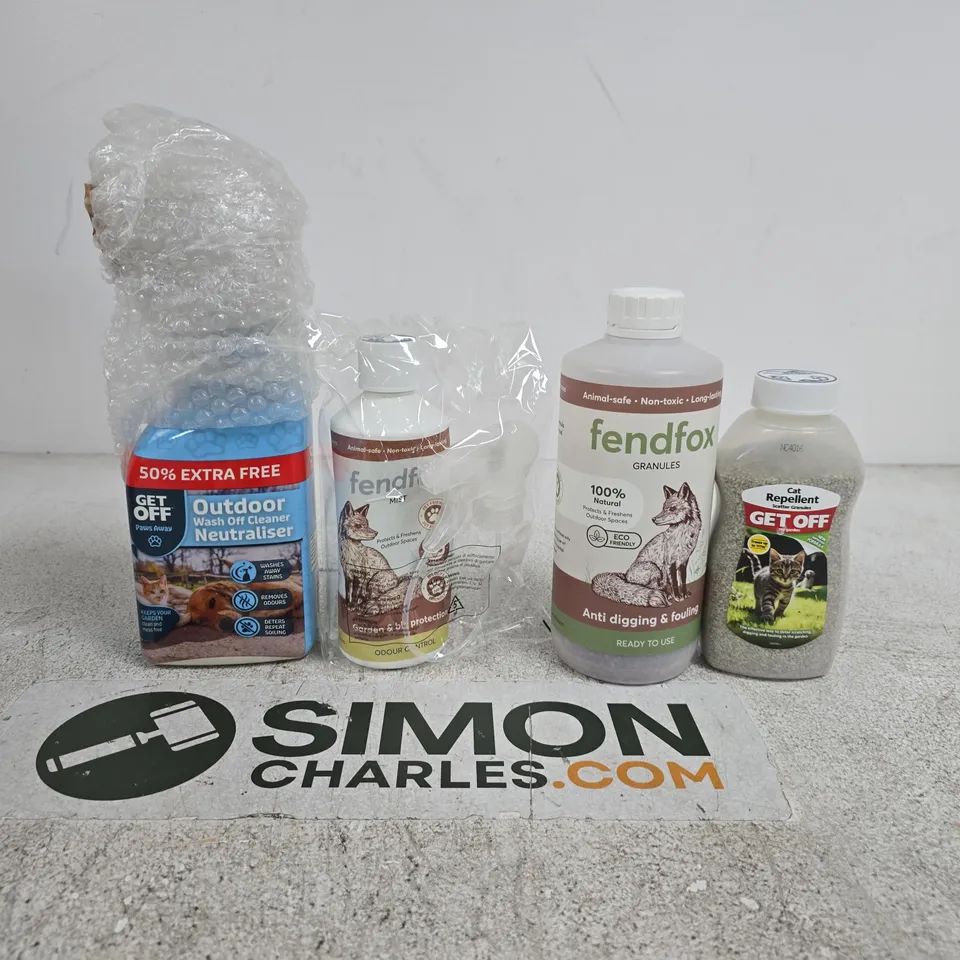 SET OF 4 ANIMAL REPELLENT ITEMS TO INCLUDE: CAT REPELLENT GET OFF, FENDFOX ANTI DIGGING AND FOULING, OUTDOOR WASH OFF NEUTRALISER ETC