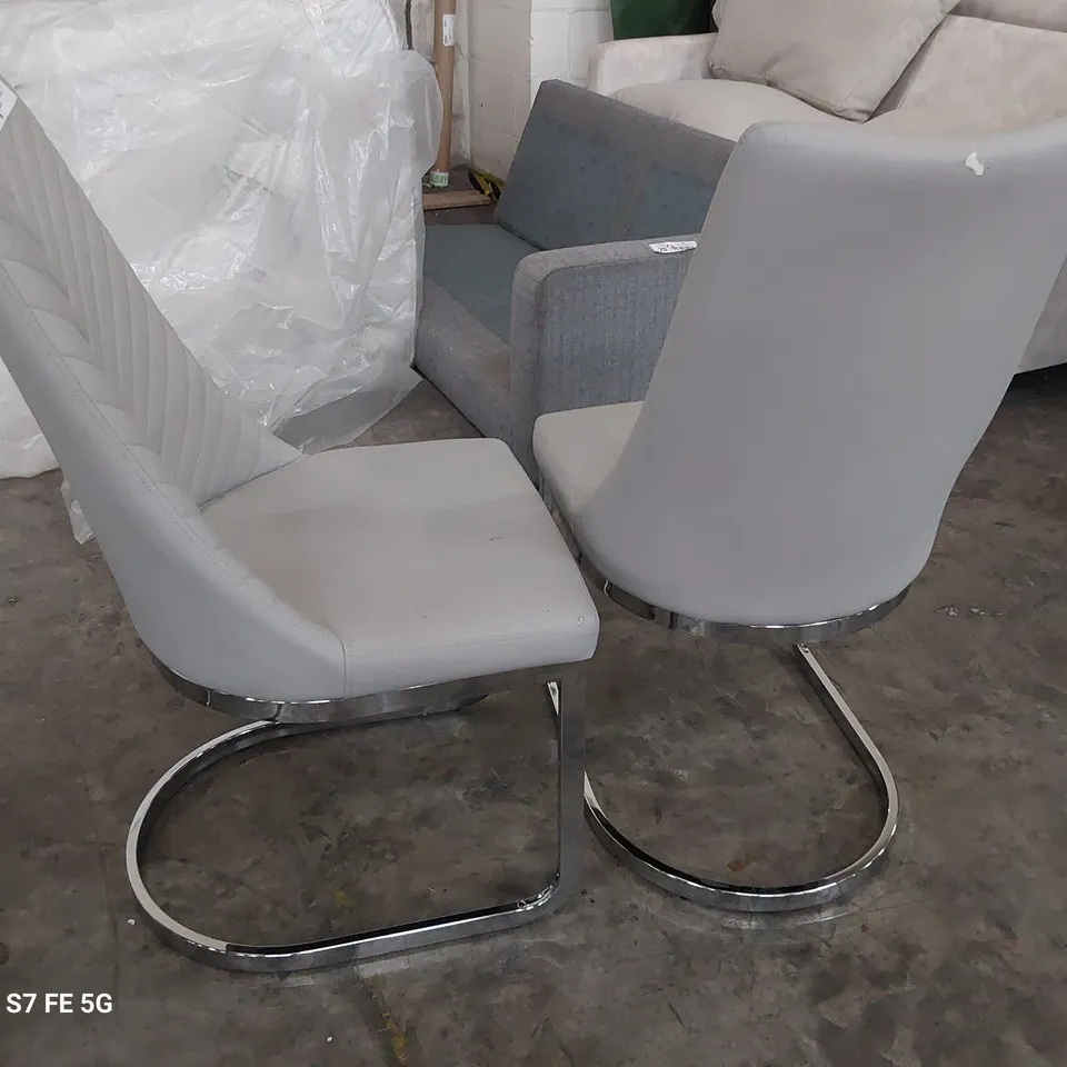PAIR OF DESIGNER UPHOLSTERED DINING CHAIRS GREY PU ON CHROME FRAME