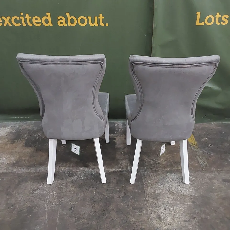 SET OF 2 BEWLEY LIGHT GREY FABRIC BUTTON BACK DINING CHAIRS WITH WHITE LEGS