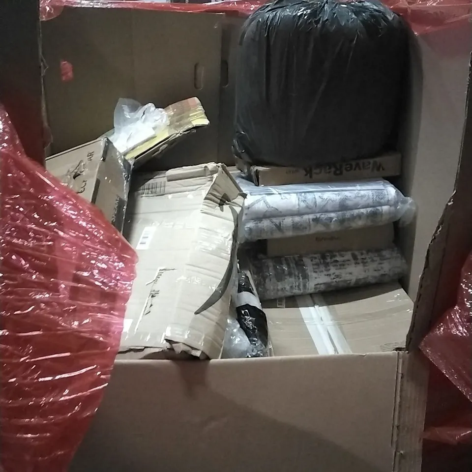 PALLET OF HOUSEHOLD ITEMS TO INCLUDE BAGGED HOMEVERY CUSIONS, VINYL FLOORING CUTTER,  FROSTED BERRY AND PINECONE GARLAND, SATELLITE SPEAKER STANDS  AND OTHER ASSORTED ITEMS...