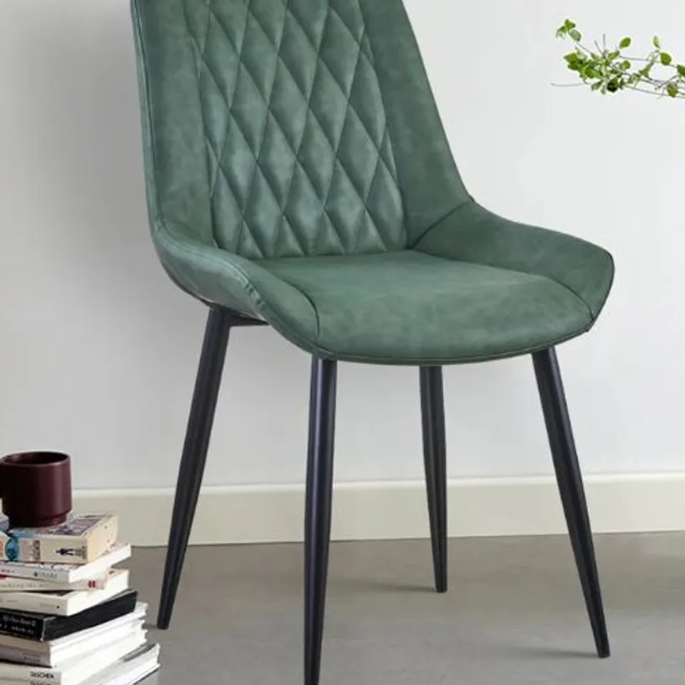 BOXED CARL SET OF TWO GREEN FAUX LEATHER UPHOLSTERED DINING CHAIRS