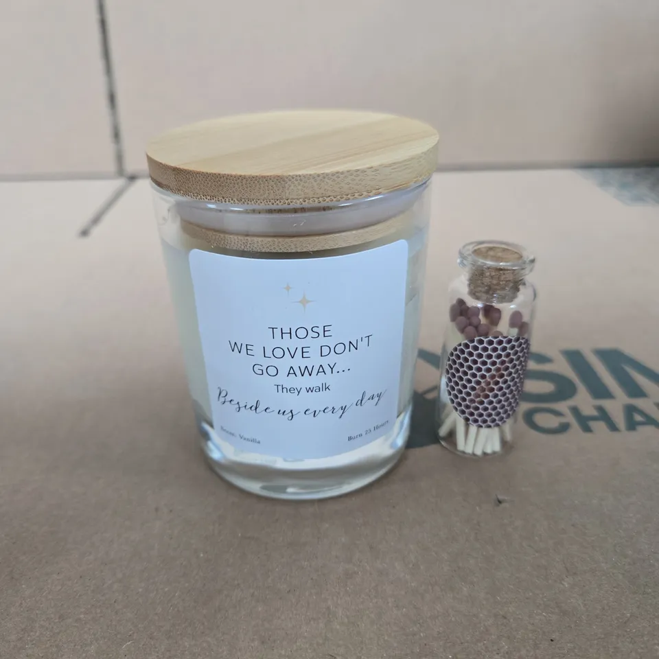 GLASS JAR CANDLE WITH WOODEN LID – MEMORIAL QUOTE LABEL 'THOSE WE LOVE DON'T GO AWAY... THEY WALK BESIDE US EVERY DAY'
