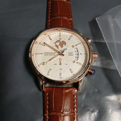 LOUIE JUELEN WATCH – LEATHER STRAP, WHITE DIAL, ROSE-GOLD TONE CASE (SWISS DESIGN) 