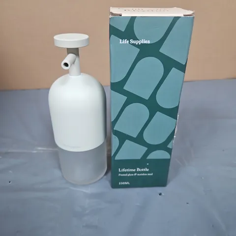 LIFETIME BOTTLE BY LIFE SUPPLIES – FROSTED GLASS SOAP DISPENSER (230ML) WITH BOX