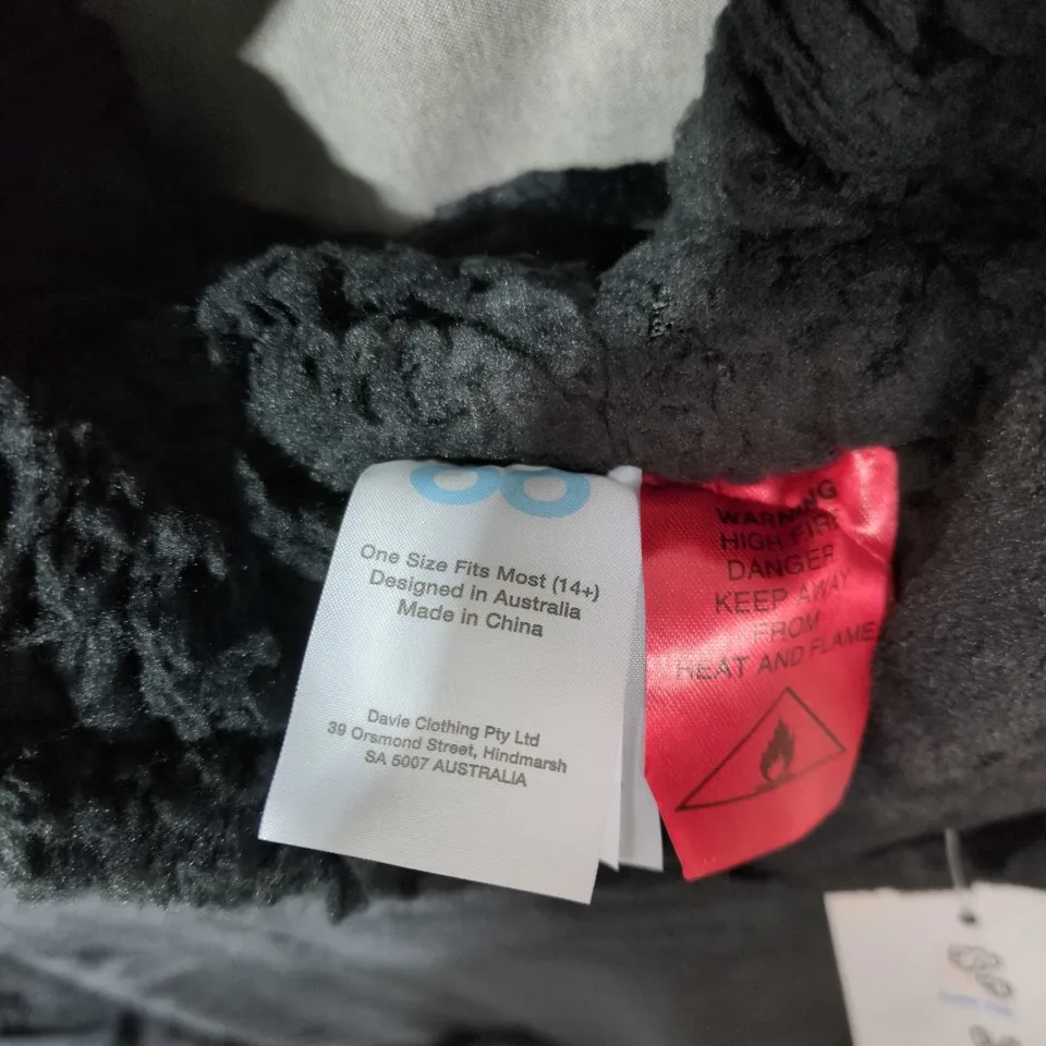 BLACK HOODED OODIE , ONE SIZE FITS MOST (14+), DESIGNED IN AUSTRALIA