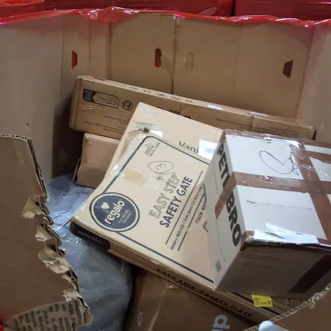 PALLET OF ASSORTED HOUSEHOLD ITEMS AND PRODUCTS TO INCLUDE;RETRACTABLE SAFETY GATE,VANITY MIRROR,WET FOOD FEEDER