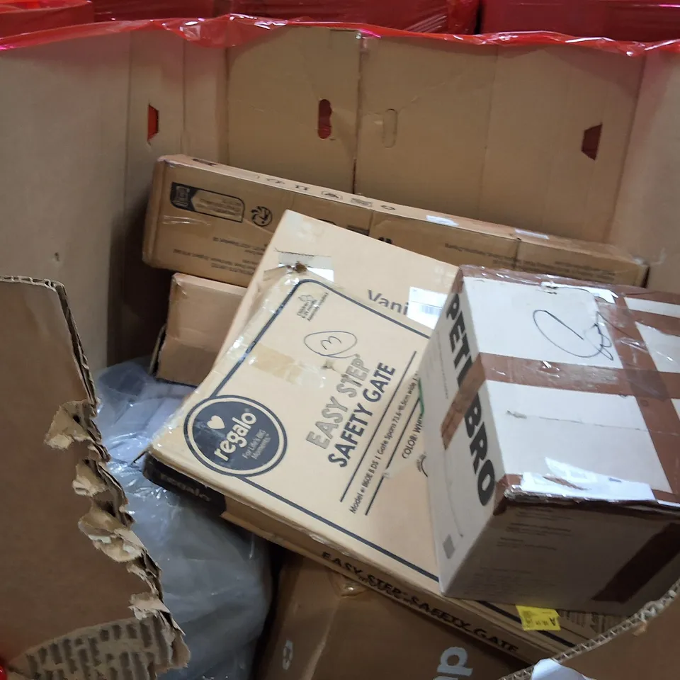 PALLET OF ASSORTED HOUSEHOLD ITEMS AND PRODUCTS TO INCLUDE;RETRACTABLE SAFETY GATE,VANITY MIRROR,WET FOOD FEEDER