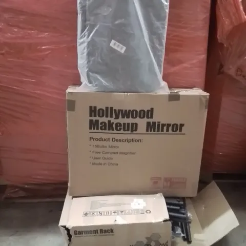 PALLET OF ASSORTED HOUSEHOLD GOODS AND PRODUCTS TO INCLUDE;MIRROR,DOG TOY BASKET,GARMENT RACK,