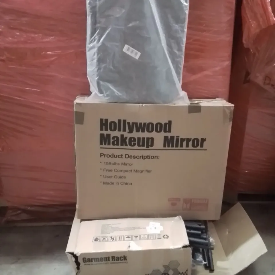 PALLET OF ASSORTED HOUSEHOLD GOODS AND PRODUCTS TO INCLUDE;MIRROR,DOG TOY BASKET,GARMENT RACK,