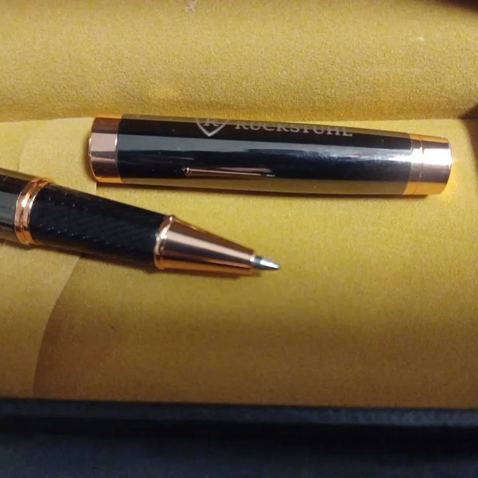 RUCKSTUHL BLACK & ROSE GOLD COLOURED STAINLESS STEEL LUXURY PEN IN GIFT BOX