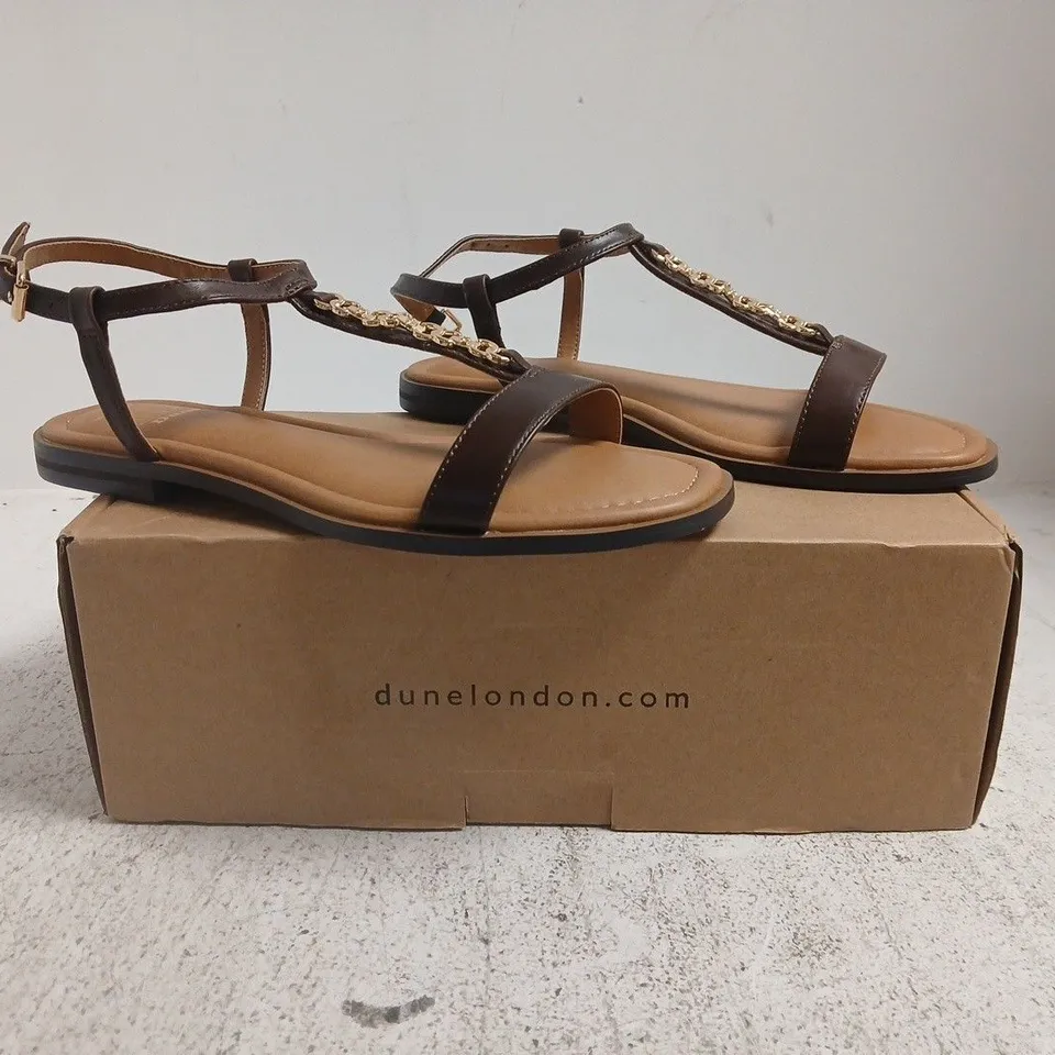 BOXED PAIR OF DUNE LONDON SANDALS IN BROWN SIZE 5