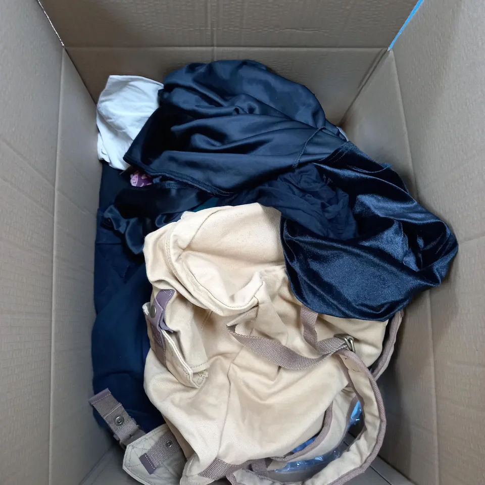 LARGE BOX OF ASSORTED CLOTHING ITEMS IN VARIOUS COLOURS AND SIZES INCLUDING TROUSERS , TOPS AND JUMPERS 