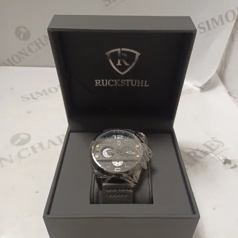 MENβS RUCKSTUHL COCKPIT R150 WATCH β MULTI FUNCTION SUB DIALS β BLACK CASE β 3ATM WATER RESISTANT β GENUINE LEATHER STRAP