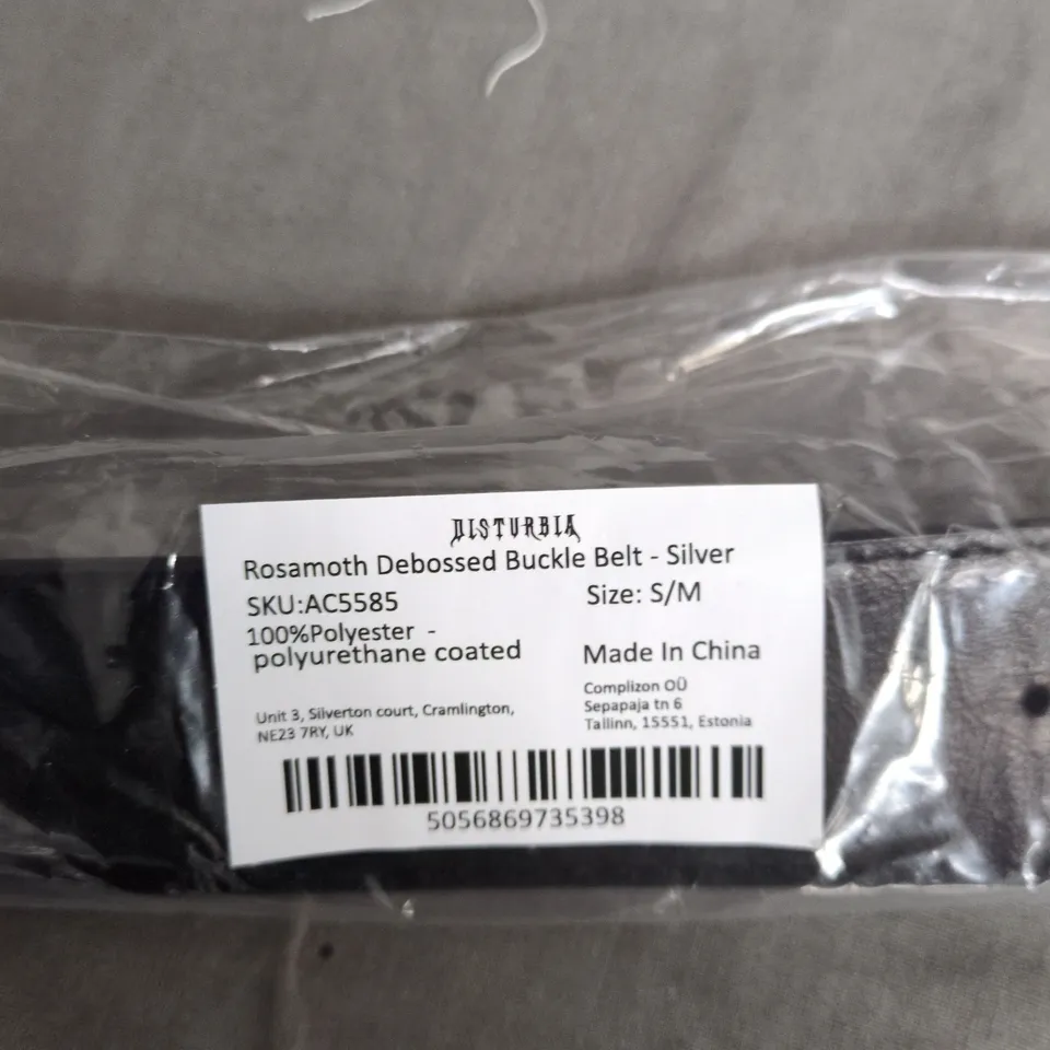  DISTURBIA ROSAMOTH DEBOSSED BUCKLE BELT - SILVER, SIZE S/M