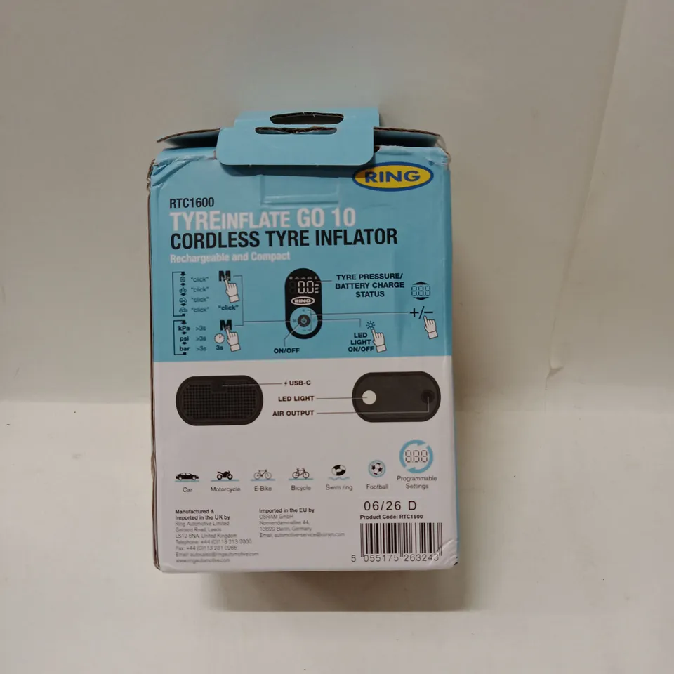 RING RTC1600 TYREINFLATE GO 10 CORDLESS TYRE INFLATOR – BOXED