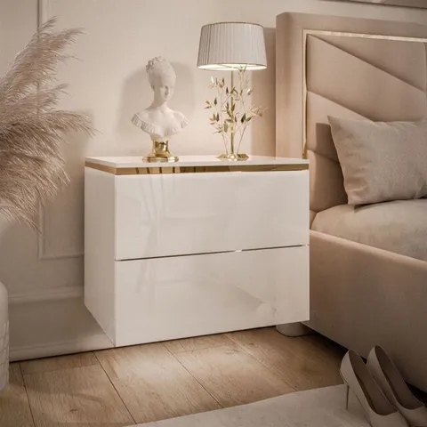BOXED AURORA II WHITE NIGHTSTAND, WHITE GLOSS, GOLD STRIP (1 BOX)