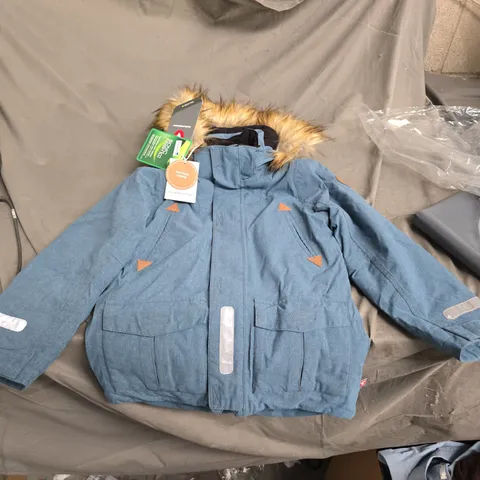 BLUE CHILDRENS PARKA JACKET WITH FUR TRIM AND REFLECTIVE DETAILS