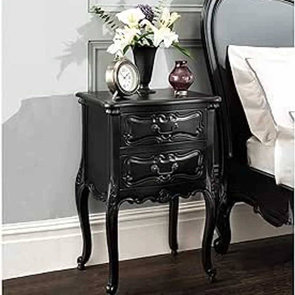 PACKAGED HOMESDIRECT365 LA ROCHELLE BLACK ANTIQUE FRENCH STYLE BEDSIDE TABLE 