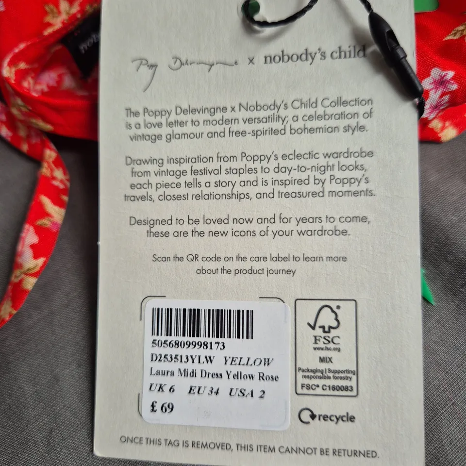 POPPY DELEVINGNE X NOBODY'S CHILD LAURA RED FLORAL MIDI DRESS, UK 6