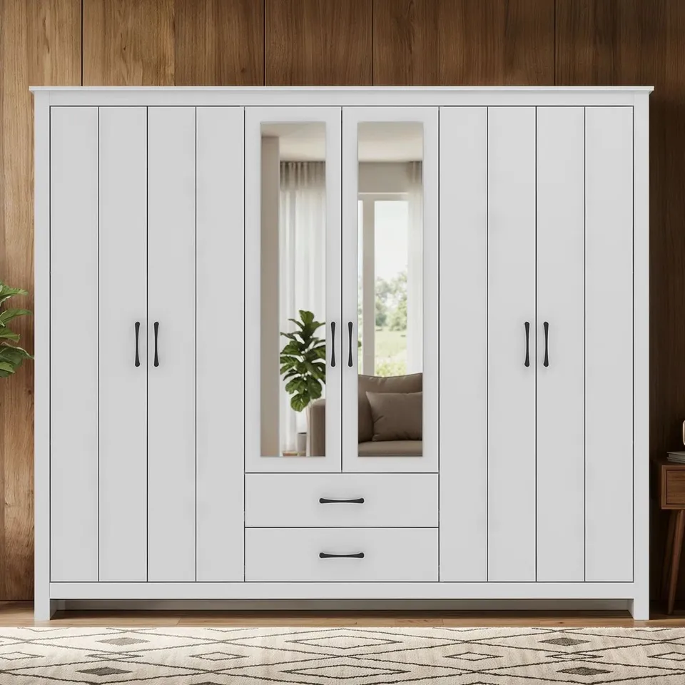 BOXED LIMESTONE 6 DOOR 2 DRAWER WARDROBE WITH MIRROR - WHITE (3 BOXES)