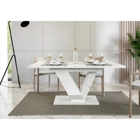 BOXED EXTENDABLE DINING TABLE DUBAI - MARBLE/WHITE GLOSS FINISH